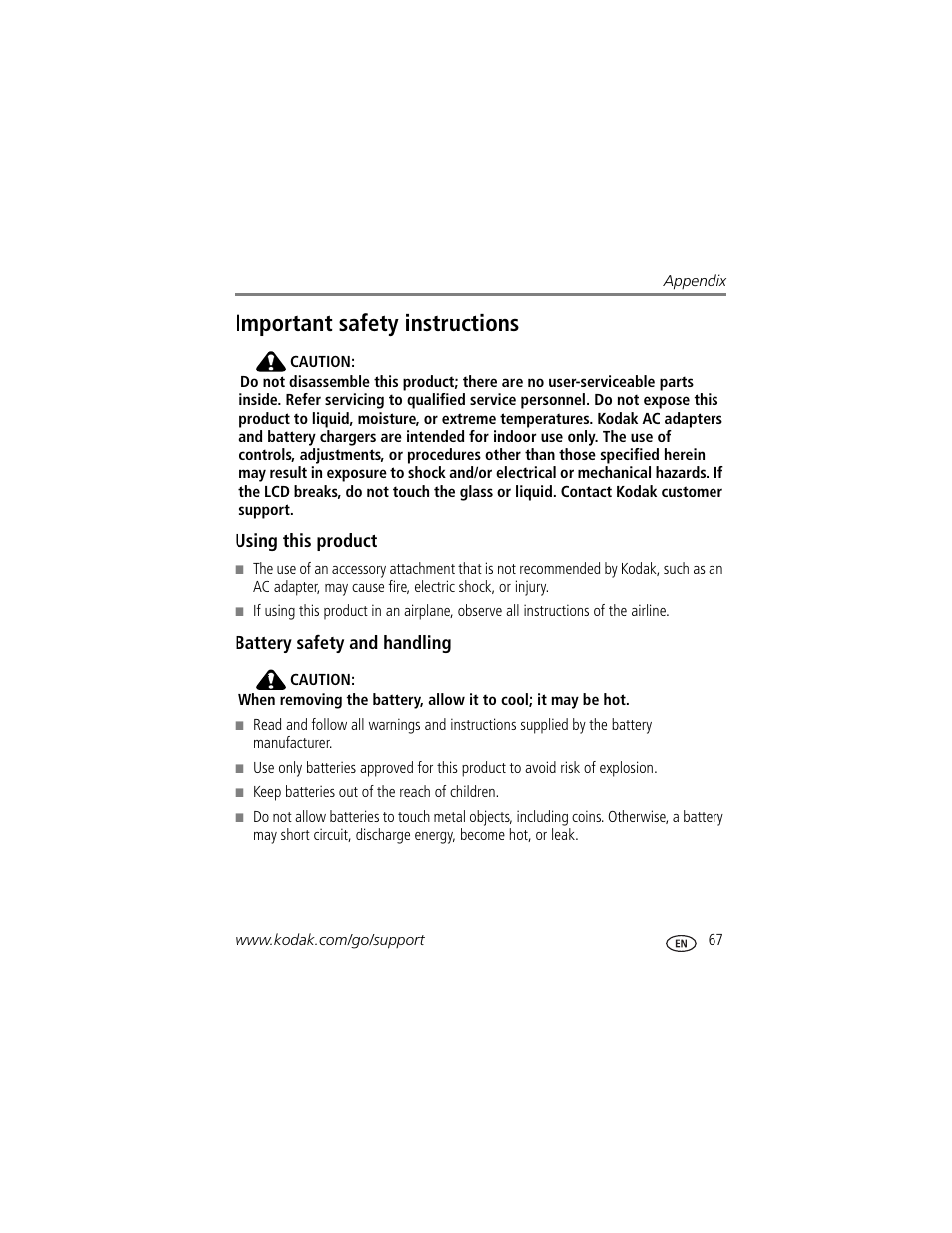 Using this product, Battery safety and handling, Important safety instructions | Kodak V610 User Manual | Page 73 / 87