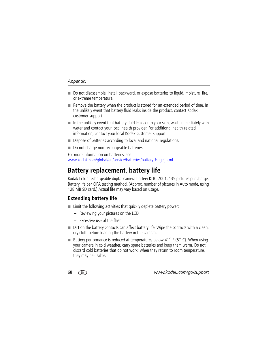 Battery replacement, battery life, Extending battery life | Kodak V610 User Manual | Page 74 / 87
