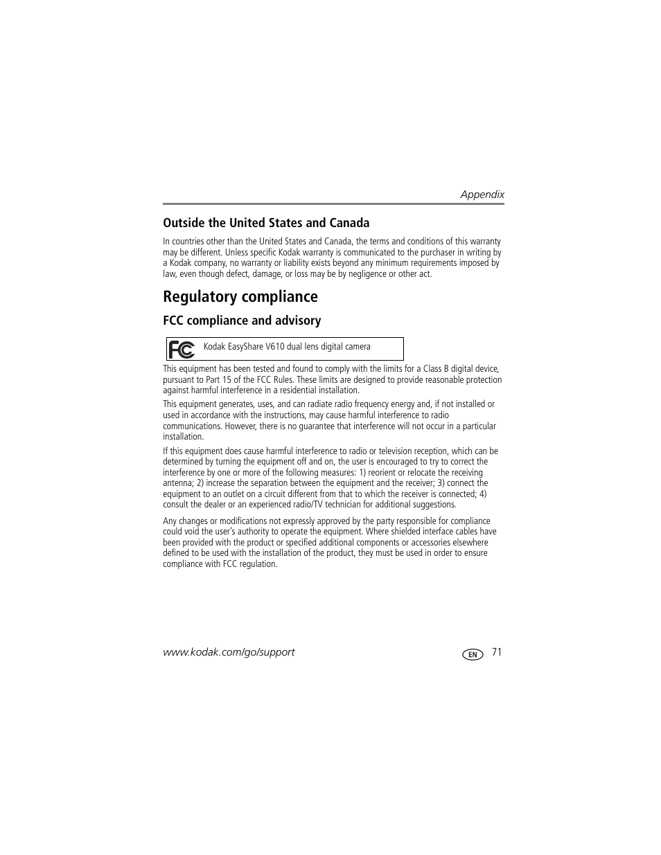 Outside the united states and canada, Regulatory compliance, Fcc compliance and advisory | Kodak V610 User Manual | Page 77 / 87