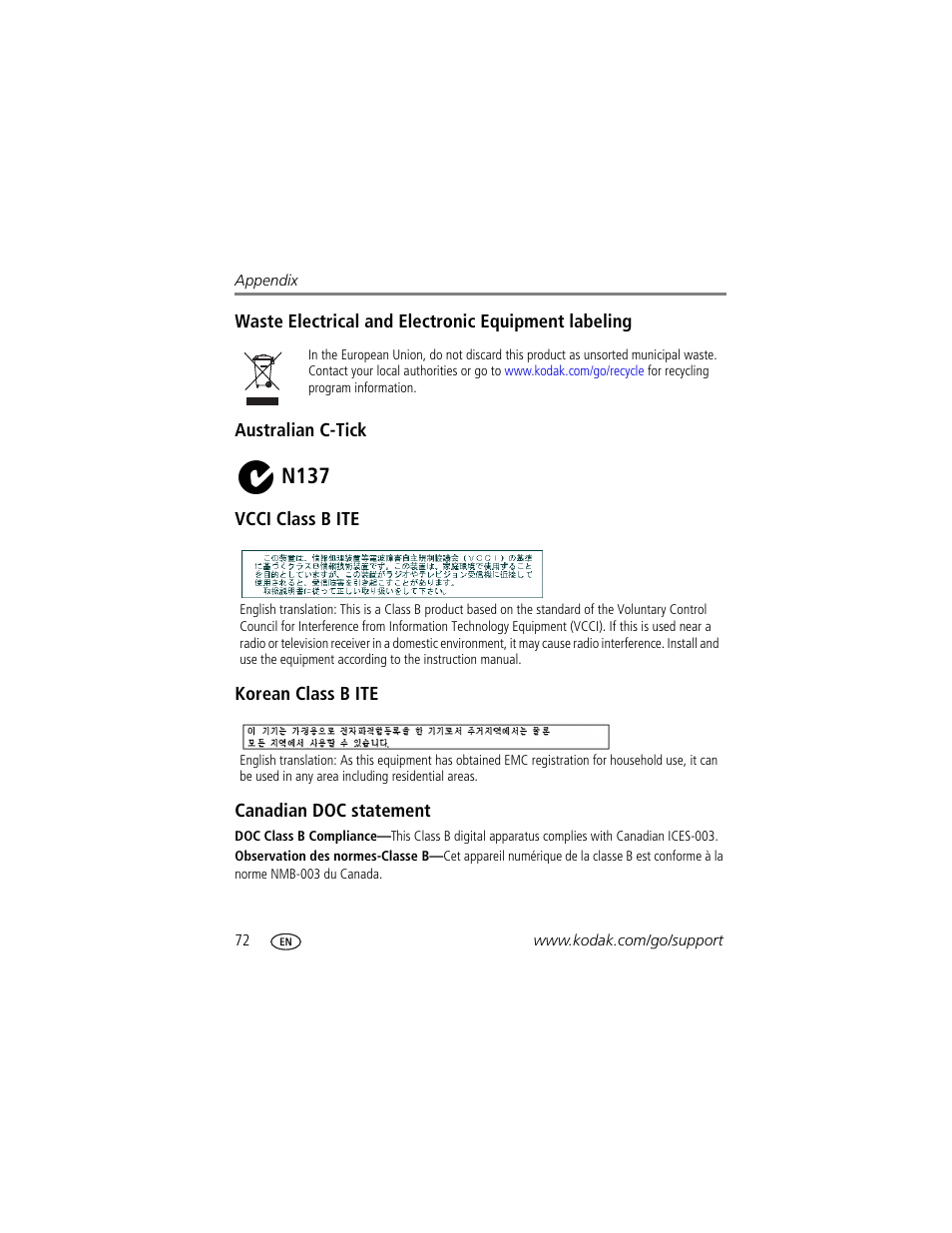 Waste electrical and electronic equipment labeling, Australian c-tick, Vcci class b ite | Korean class b ite, Canadian doc statement, N137 | Kodak V610 User Manual | Page 78 / 87