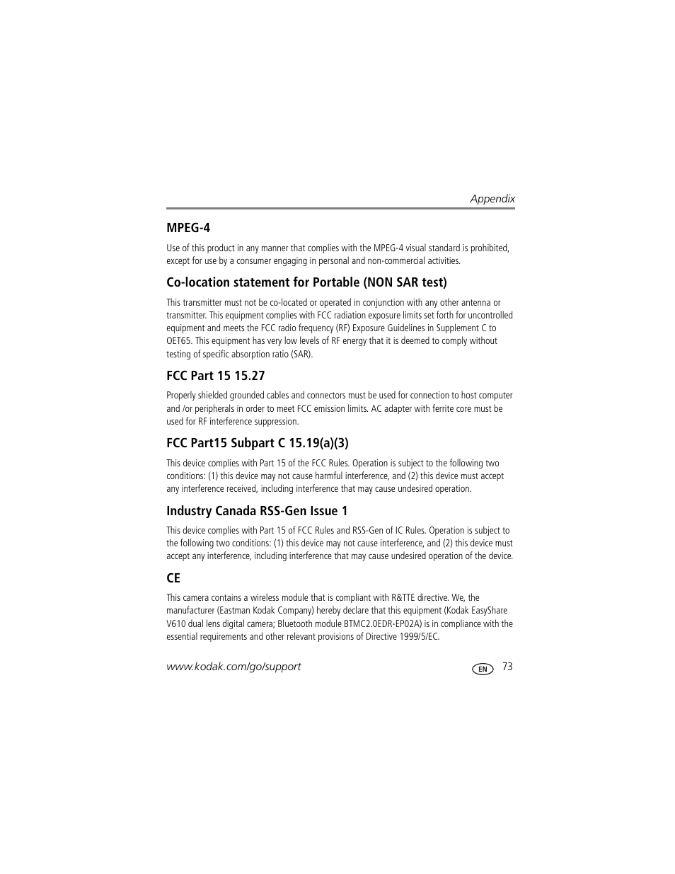 Mpeg-4, Co-location statement for portable (non sar test), Fcc part 15 15.27 | Fcc part15 subpart c 15.19(a)(3), Industry canada rss-gen issue 1 | Kodak V610 User Manual | Page 79 / 87