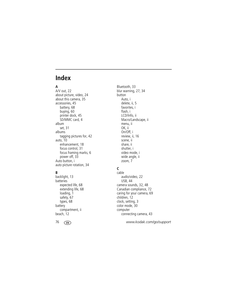 Index | Kodak V610 User Manual | Page 82 / 87