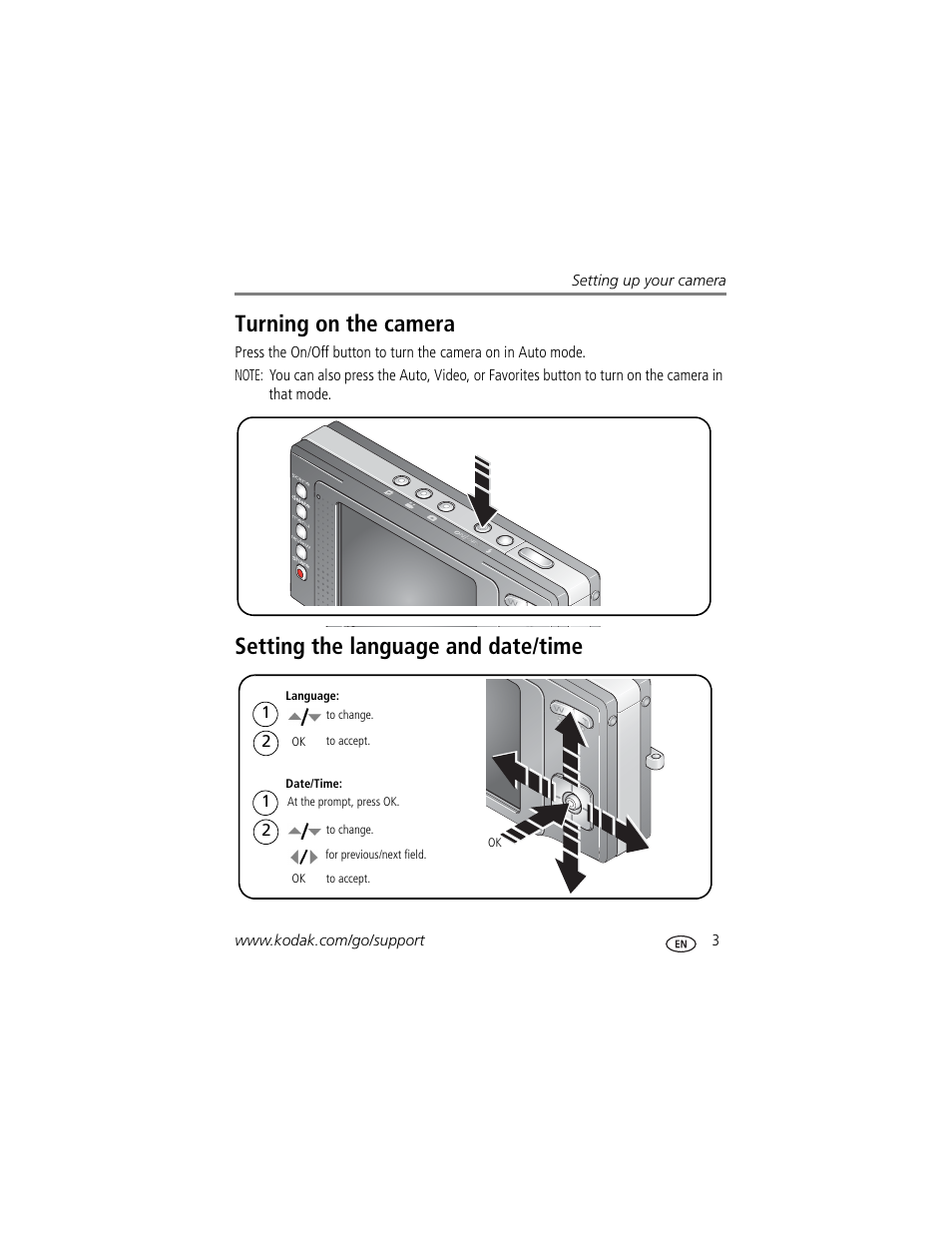 Setting the language and date/time, Turning on the camera | Kodak V610 User Manual | Page 9 / 87