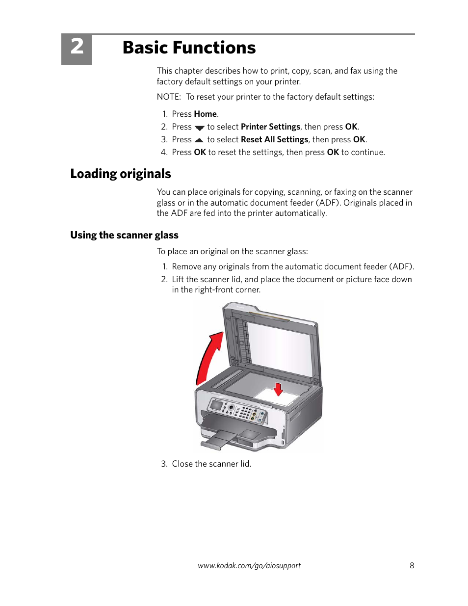 Basic functions, Loading originals, Using the scanner glass | 2 basic functions | Kodak ESP 9250 User Manual | Page 11 / 22