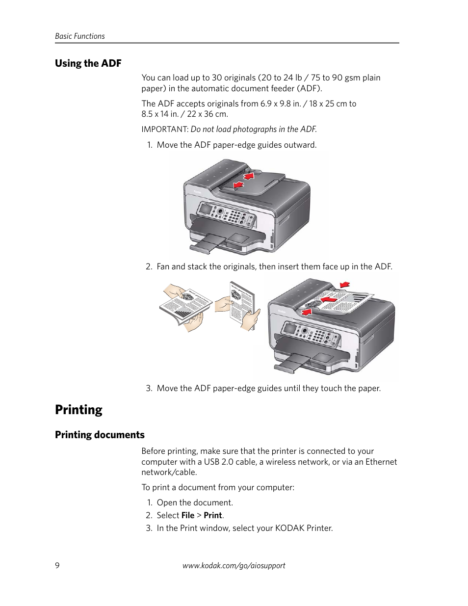 Using the adf, Printing, Printing documents | Kodak ESP 9250 User Manual | Page 12 / 22