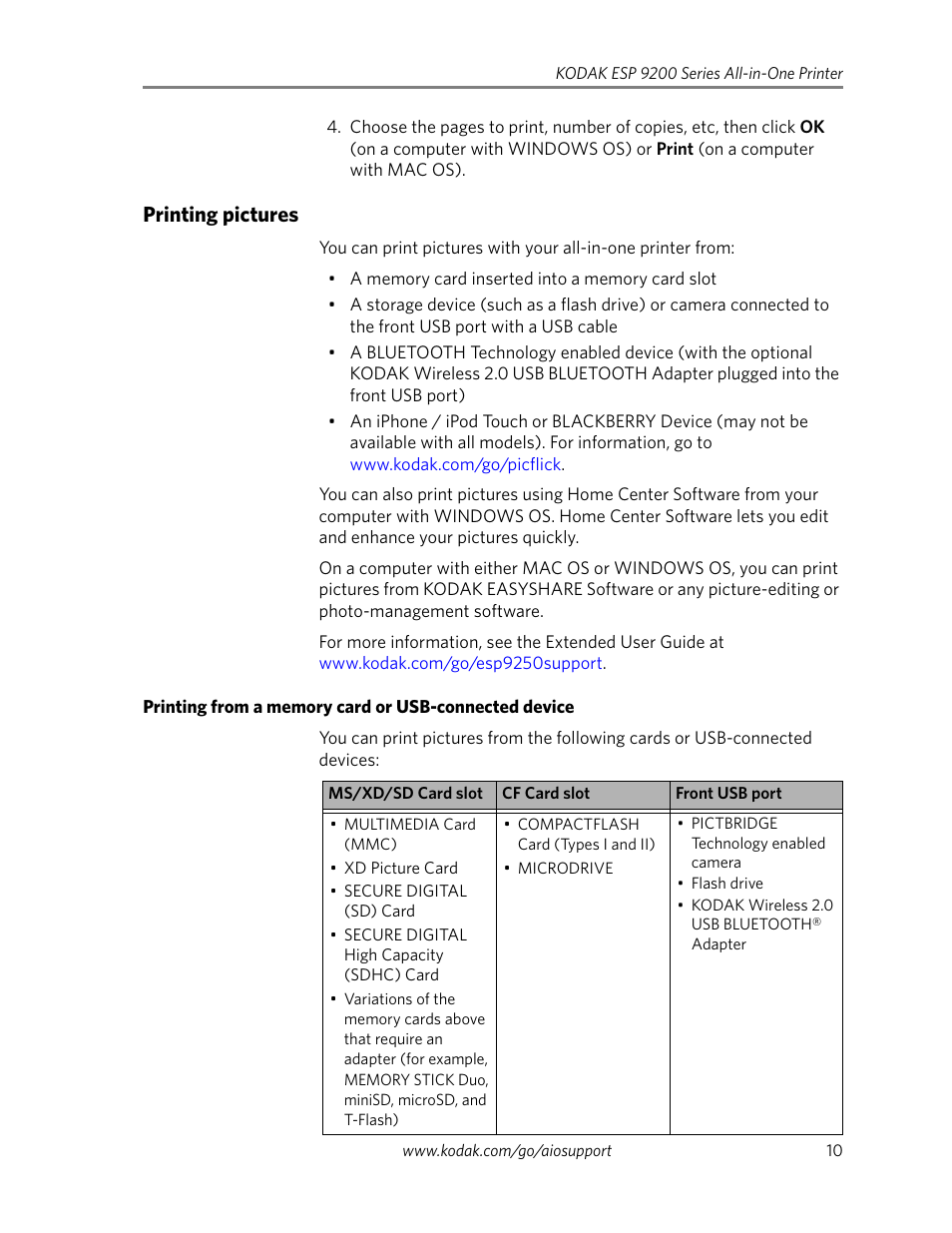 Printing pictures | Kodak ESP 9250 User Manual | Page 13 / 22