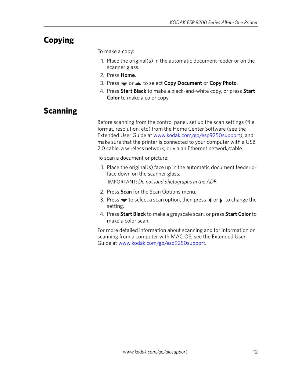 Copying, Scanning, Copying scanning | Kodak ESP 9250 User Manual | Page 15 / 22