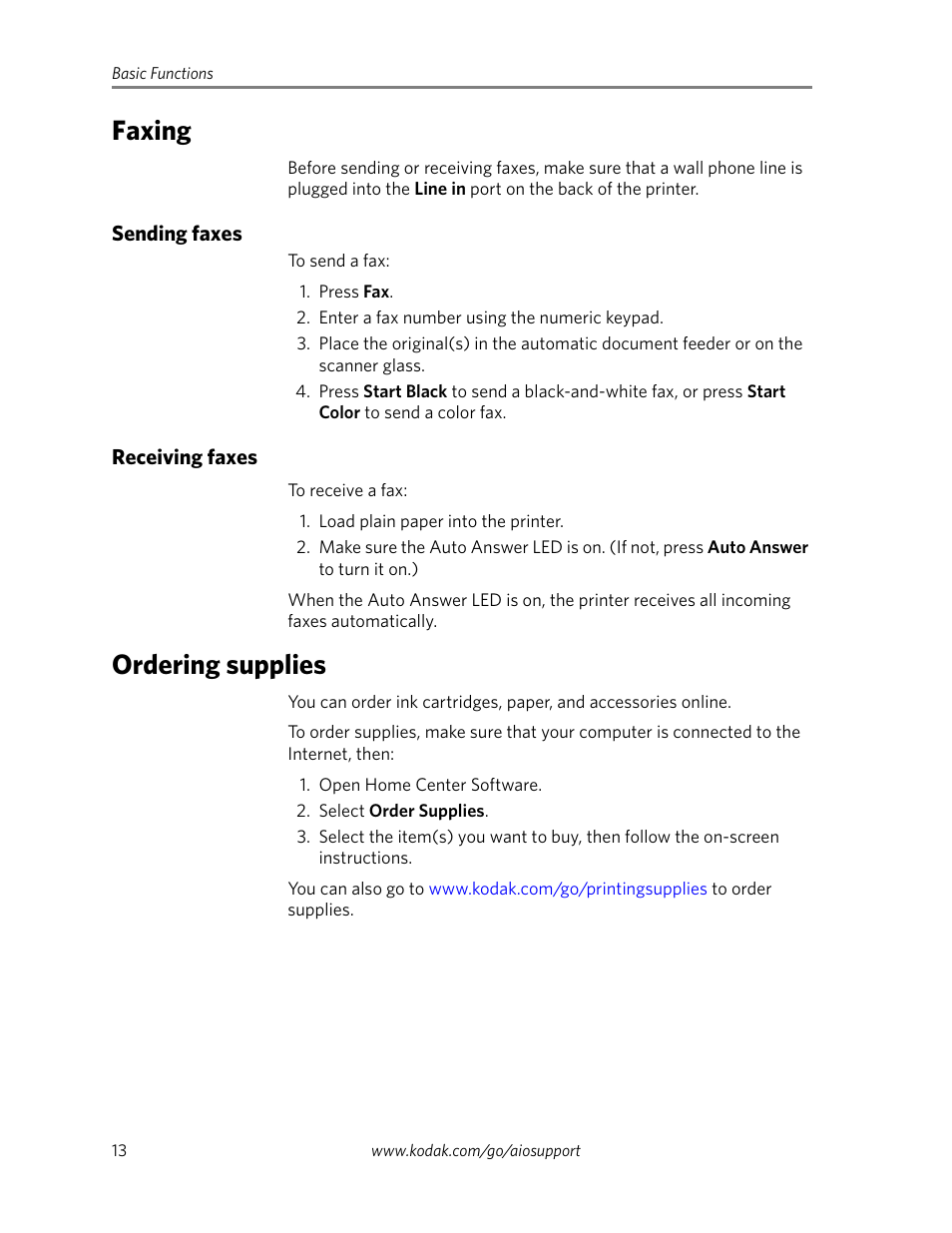 Faxing, Sending faxes, Receiving faxes | Ordering supplies, Sending faxes receiving faxes | Kodak ESP 9250 User Manual | Page 16 / 22