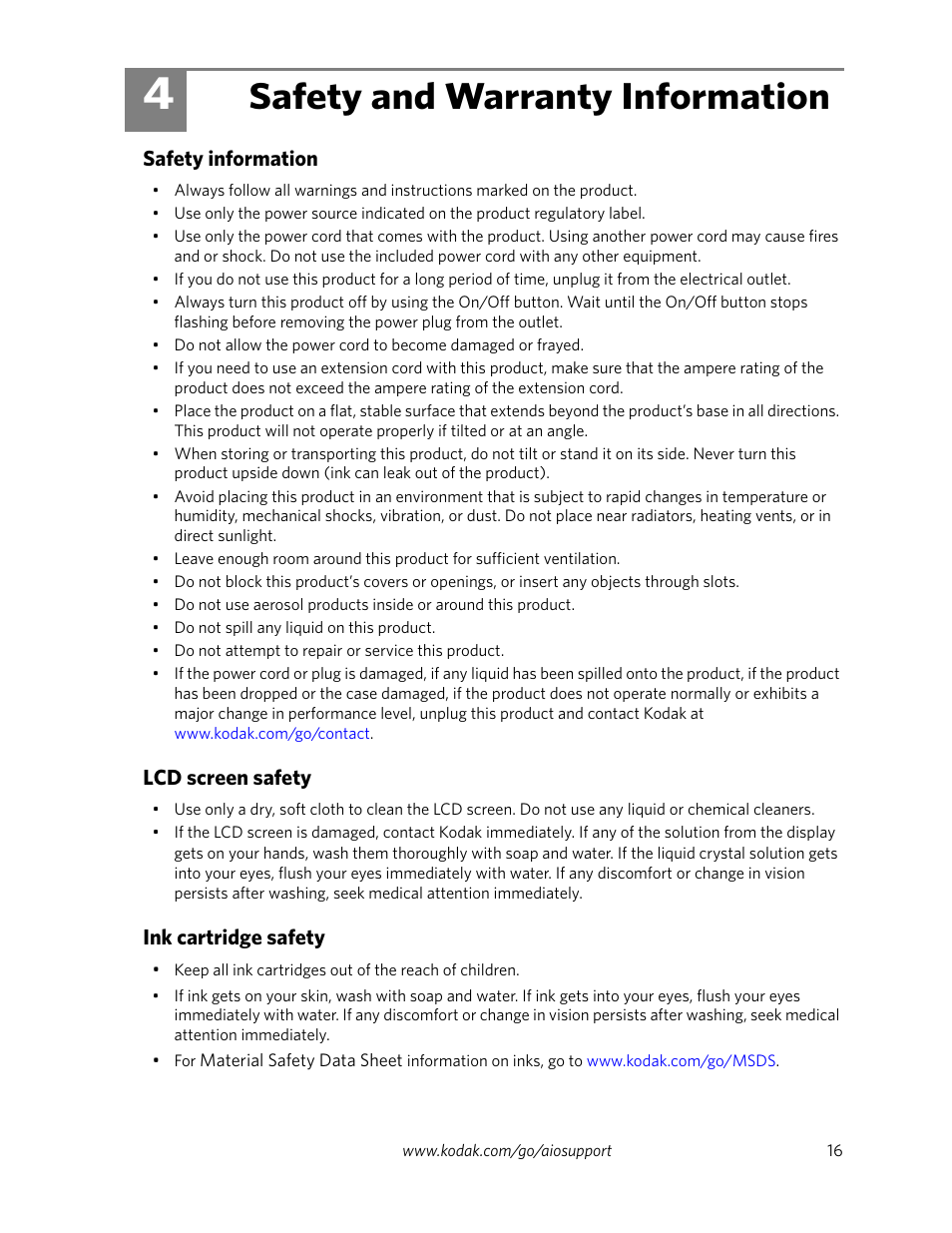 Safety and warranty information, Safety information, Lcd screen safety | Ink cartridge safety, 4 safety and warranty information | Kodak ESP 9250 User Manual | Page 19 / 22