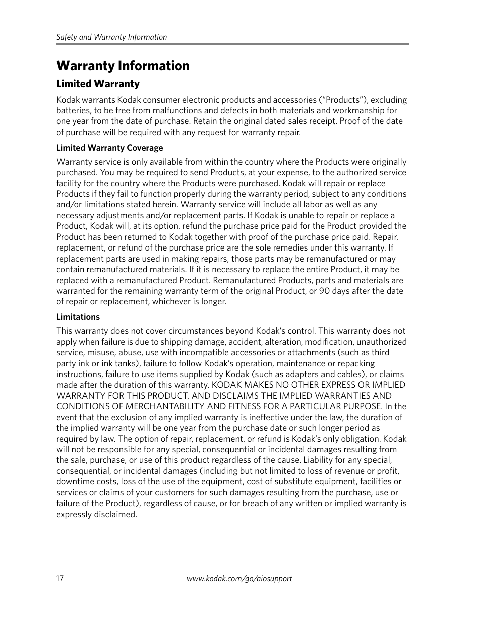 Warranty information | Kodak ESP 9250 User Manual | Page 20 / 22