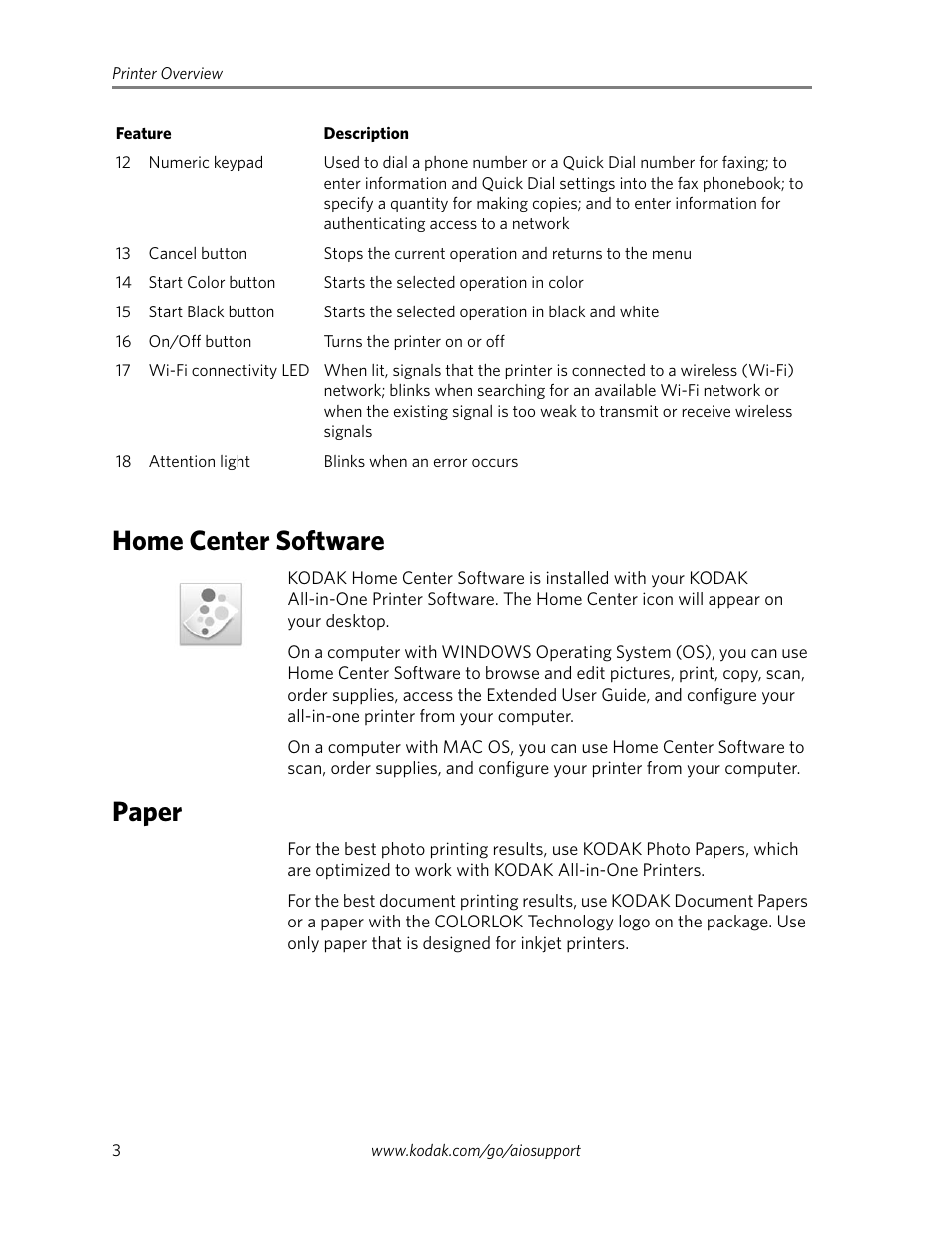 Home center software, Paper, Home center software paper | Kodak ESP 9250 User Manual | Page 6 / 22