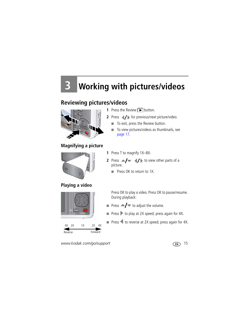 Working with pictures/videos, Reviewing pictures/videos, Magnifying a picture | Playing a video, 3 working with pictures/videos | Kodak M420 User Manual | Page 21 / 72