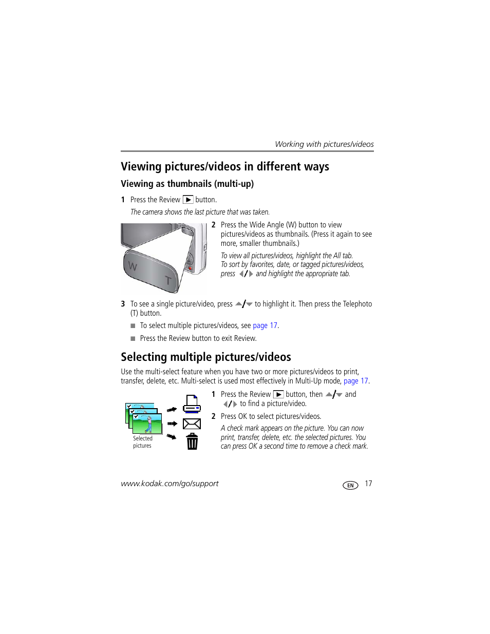 Viewing as thumbnails (multi-up), Selecting multiple pictures/videos, Viewing pictures/videos in different ways | Kodak M420 User Manual | Page 23 / 72