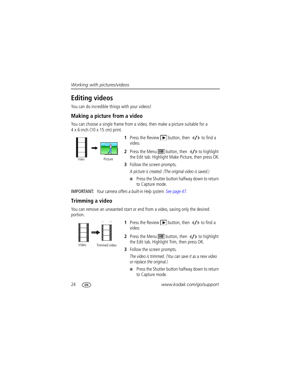 Making a picture from a video, Trimming a video, Editing videos | Kodak M420 User Manual | Page 30 / 72