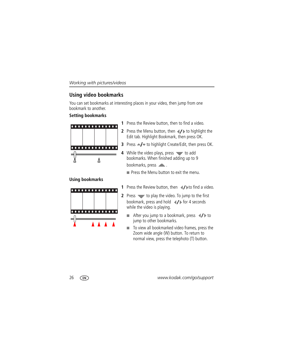 Setting bookmarks, Using bookmarks | Kodak M420 User Manual | Page 32 / 72