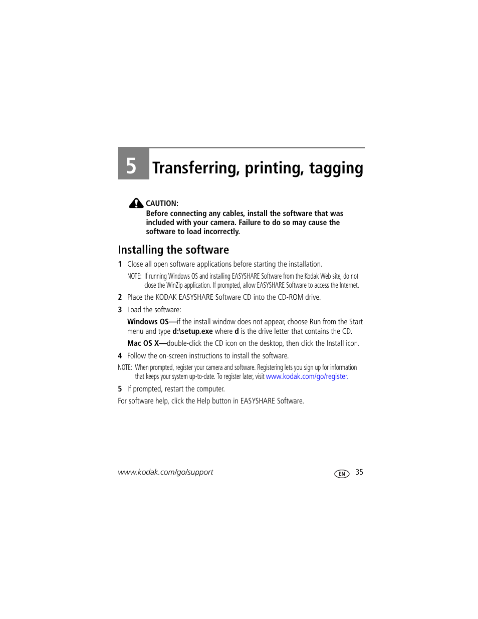 Transferring, printing, tagging, Installing the software, 5 transferring, printing, tagging | Kodak M420 User Manual | Page 41 / 72