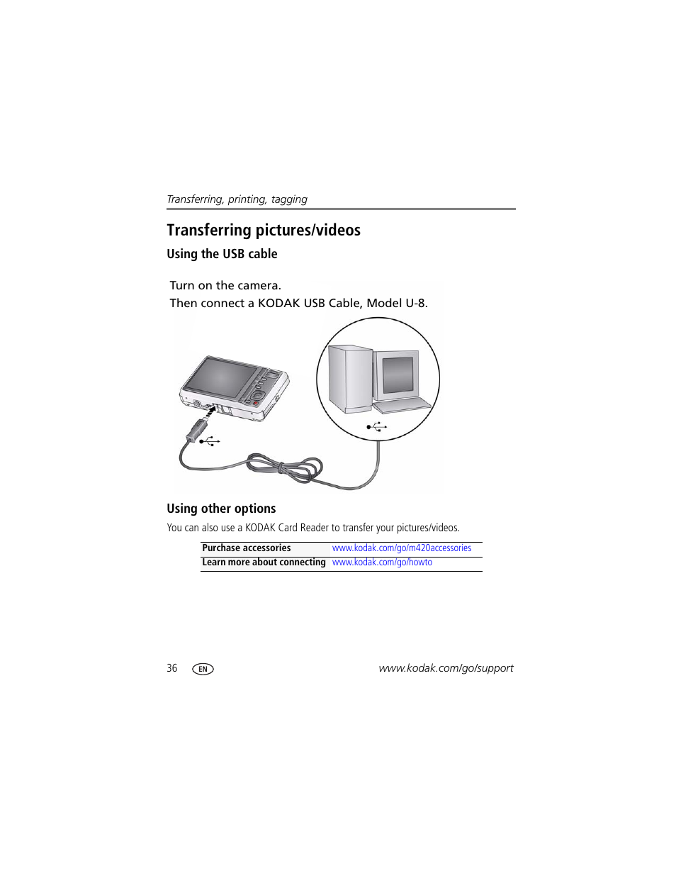 Using the usb cable, Using other options, Transferring pictures/videos | Kodak M420 User Manual | Page 42 / 72