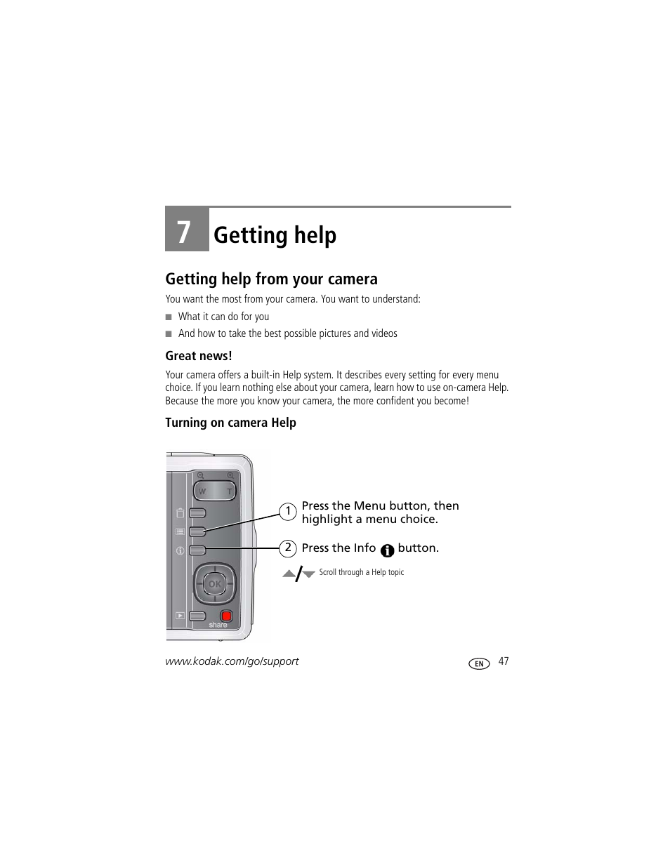 Getting help, Getting help from your camera, Great news | Turning on camera help, 7 getting help, Stem | Kodak M420 User Manual | Page 53 / 72