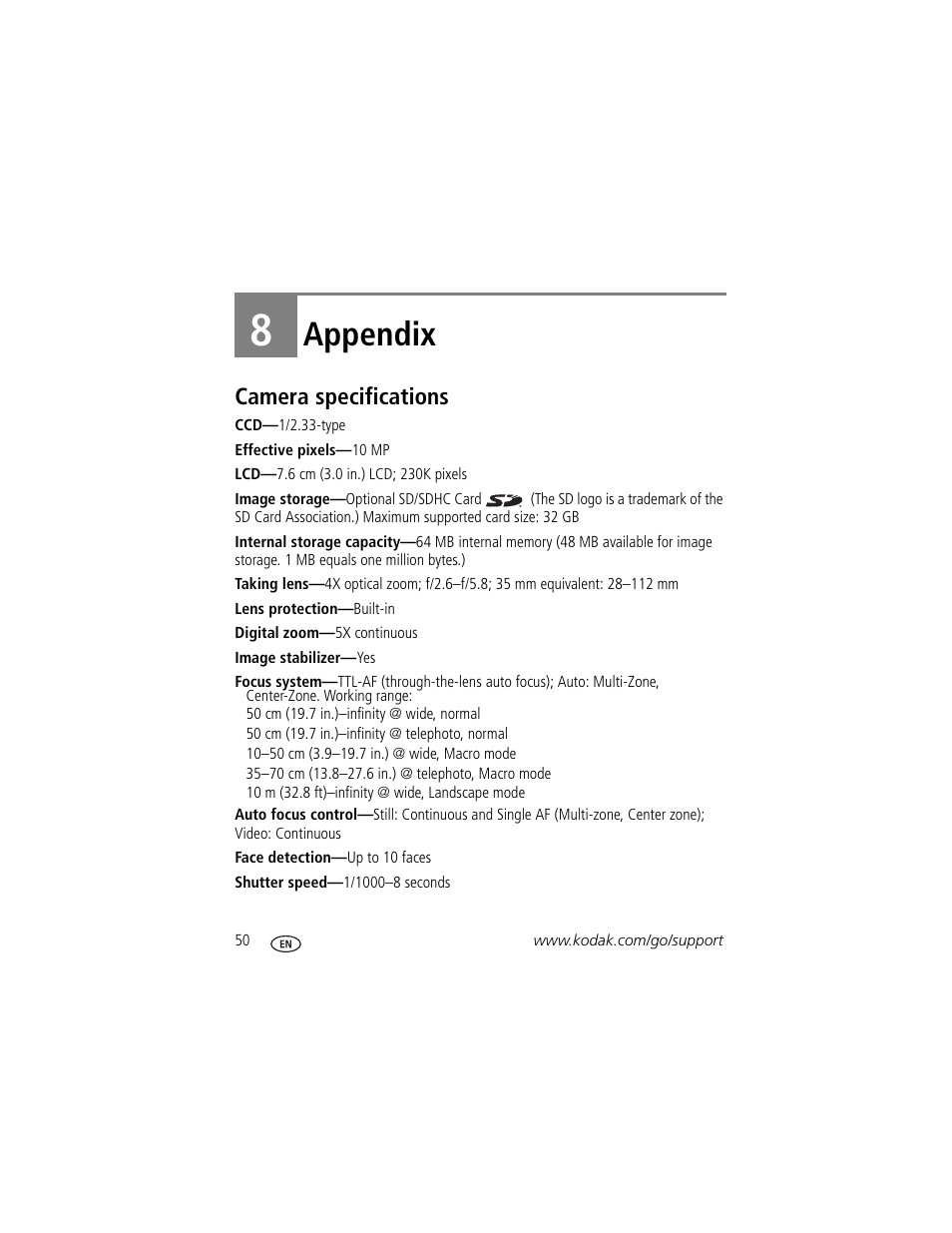 Appendix, Camera specifications, 8 appendix | Kodak M420 User Manual | Page 56 / 72