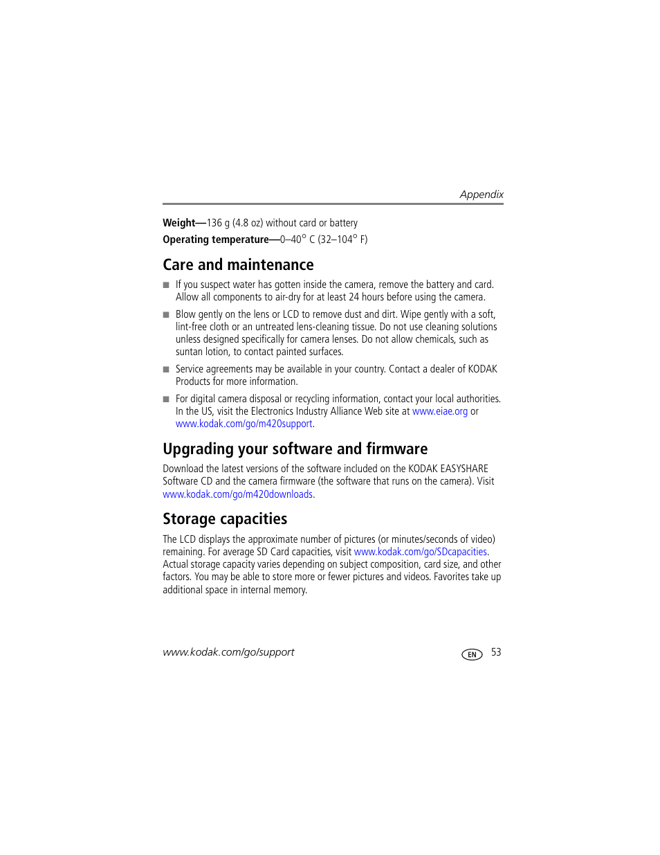 Care and maintenance, Upgrading your software and firmware, Storage capacities | Kodak M420 User Manual | Page 59 / 72