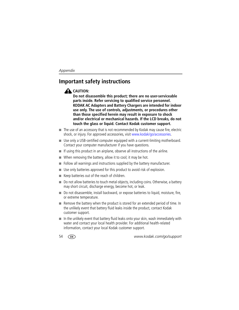 Important safety instructions | Kodak M420 User Manual | Page 60 / 72