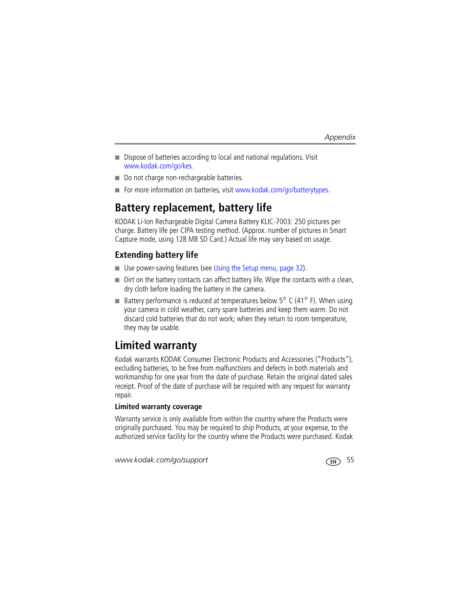 Battery replacement, battery life, Extending battery life, Limited warranty | Battery replacement, battery life limited warranty | Kodak M420 User Manual | Page 61 / 72