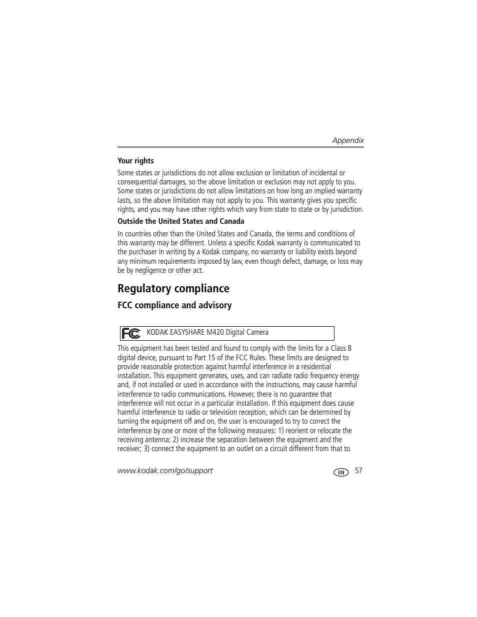 Regulatory compliance, Fcc compliance and advisory | Kodak M420 User Manual | Page 63 / 72