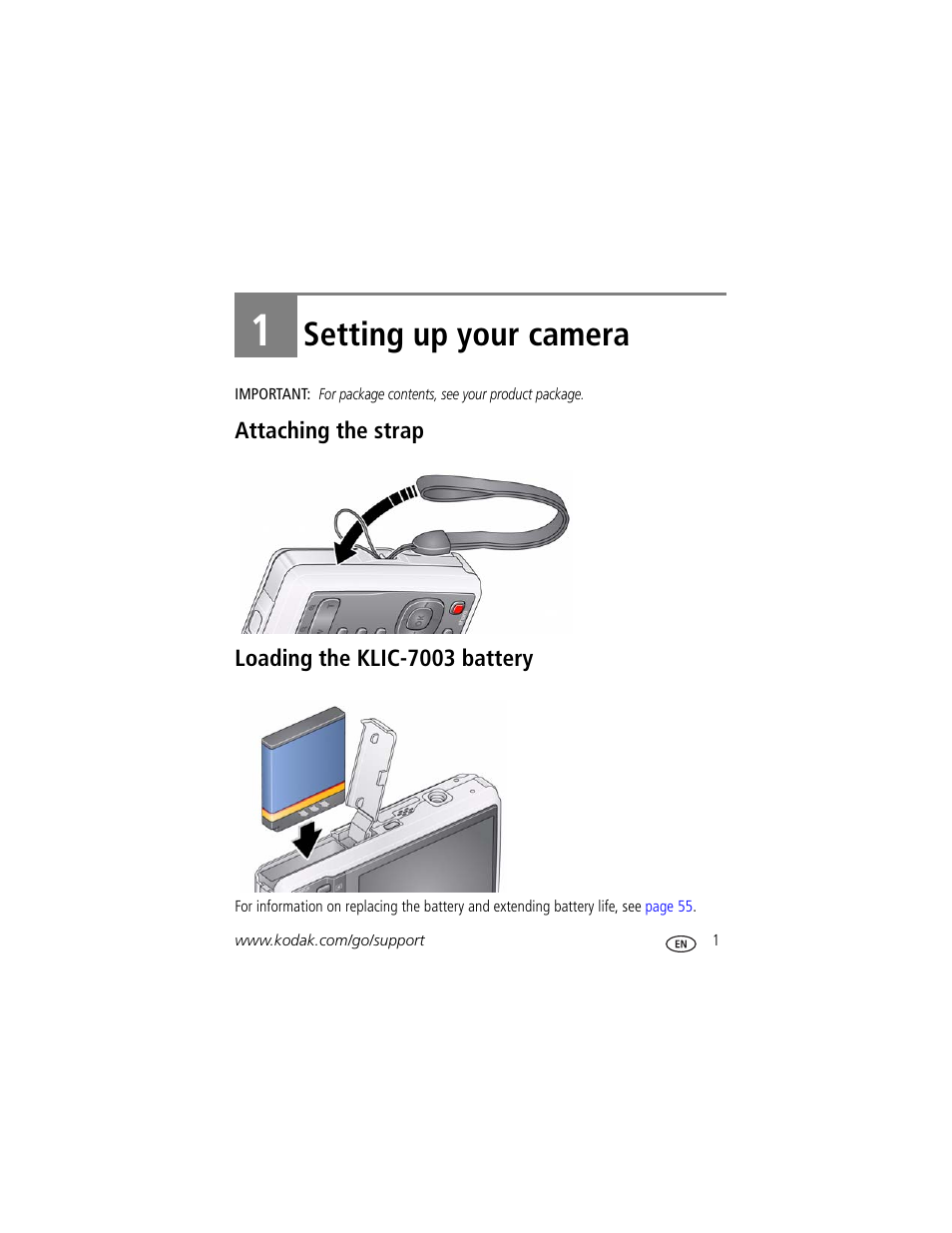 Setting up your camera, Attaching the strap, Loading the klic-7003 battery | 1 setting up your camera, Attaching the strap loading the klic-7003 battery | Kodak M420 User Manual | Page 7 / 72