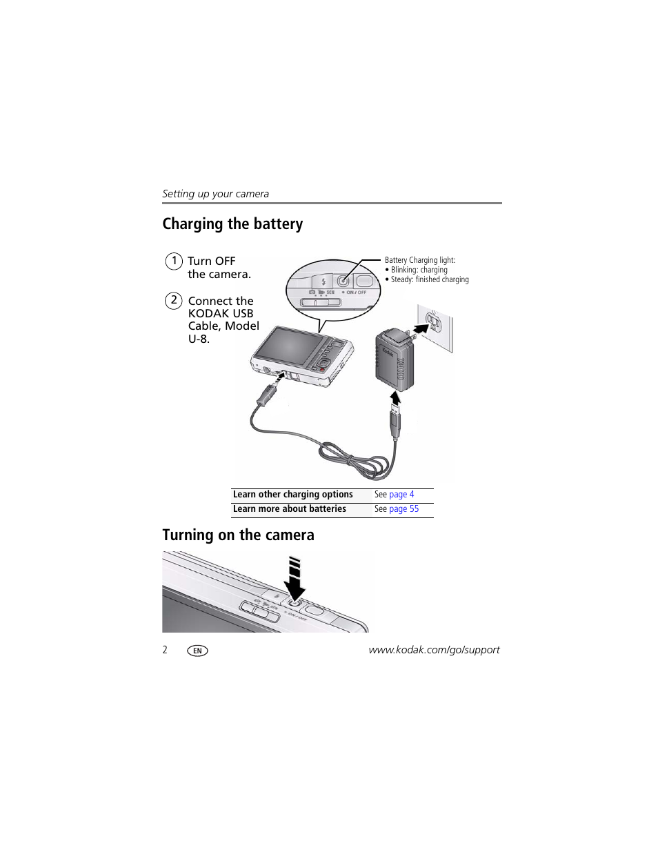 Turning on the camera, Charging the battery turning on the camera | Kodak M420 User Manual | Page 8 / 72