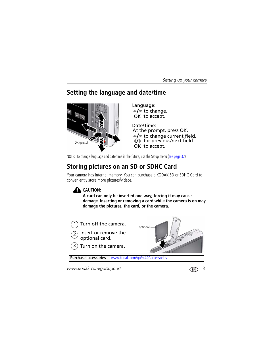 Storing pictures on an sd or sdhc card, Setting the language and date/time | Kodak M420 User Manual | Page 9 / 72