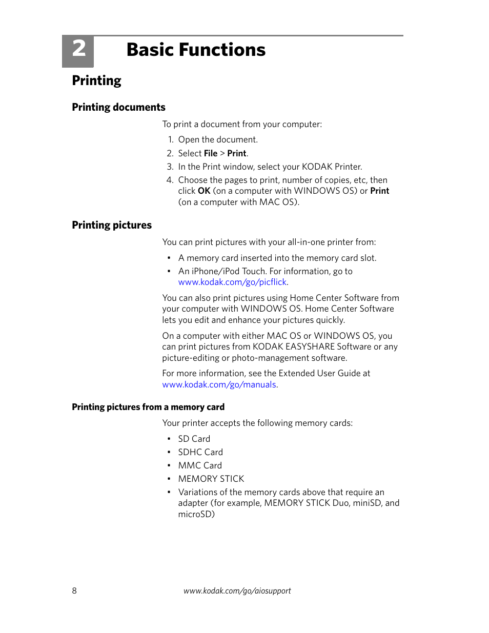 Basic functions, Printing, Printing documents | Printing pictures, 2 basic functions, Printing documents printing pictures | Kodak ESP C315 User Manual | Page 10 / 20