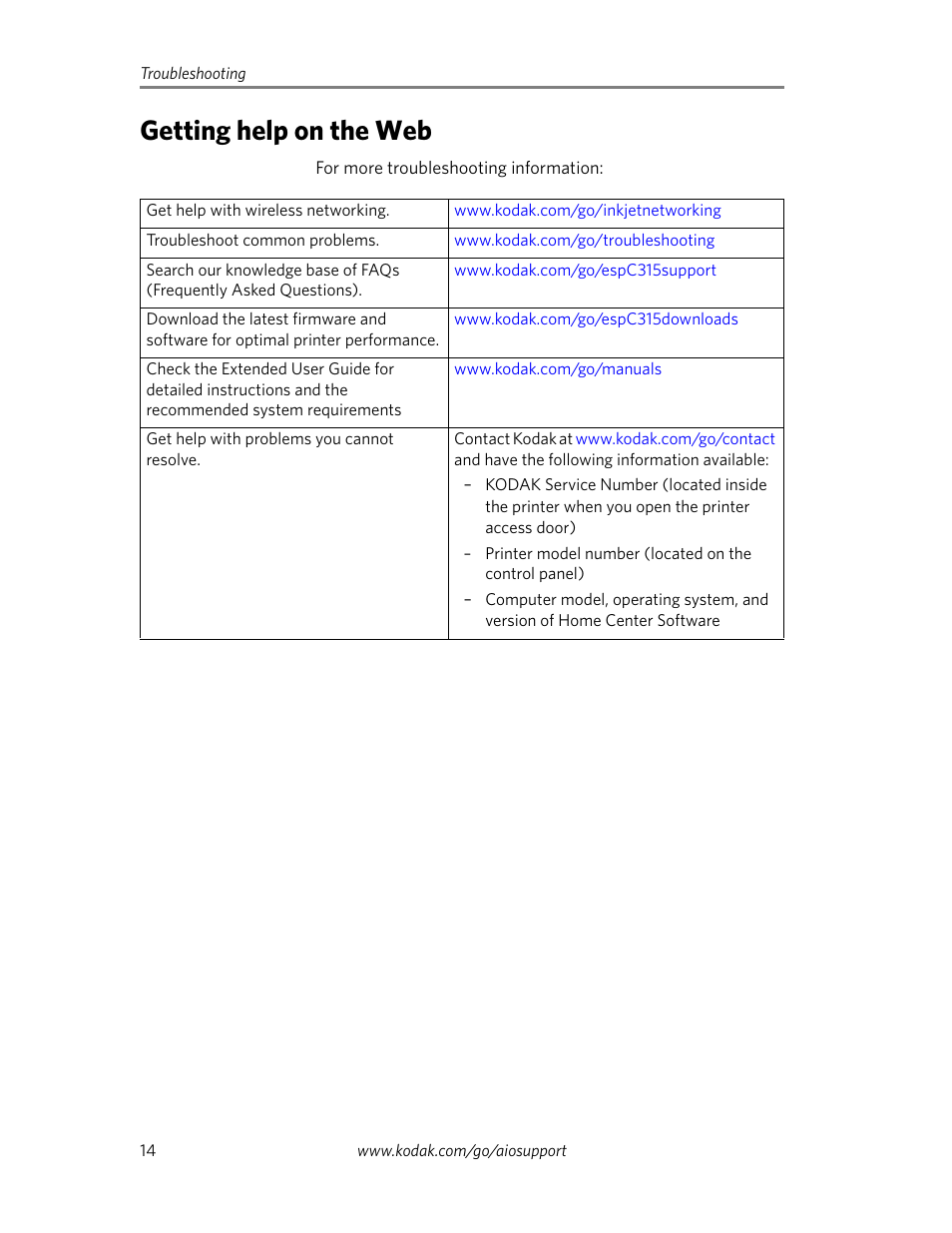 Getting help on the web | Kodak ESP C315 User Manual | Page 16 / 20