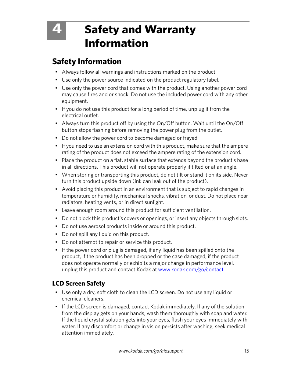 Safety and warranty information, Safety information, Lcd screen safety | 4 safety and warranty information | Kodak ESP C315 User Manual | Page 17 / 20