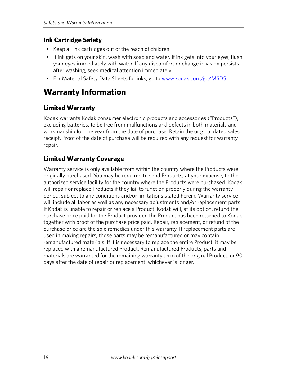 Ink cartridge safety, Warranty information, Limited warranty | Limited warranty coverage, Limited warranty limited warranty coverage | Kodak ESP C315 User Manual | Page 18 / 20