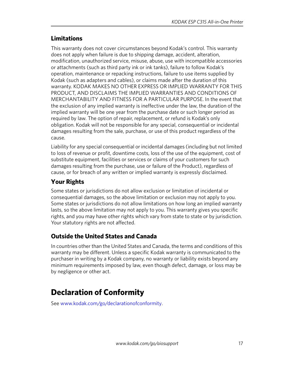 Limitations, Your rights, Outside the united states and canada | Declaration of conformity | Kodak ESP C315 User Manual | Page 19 / 20