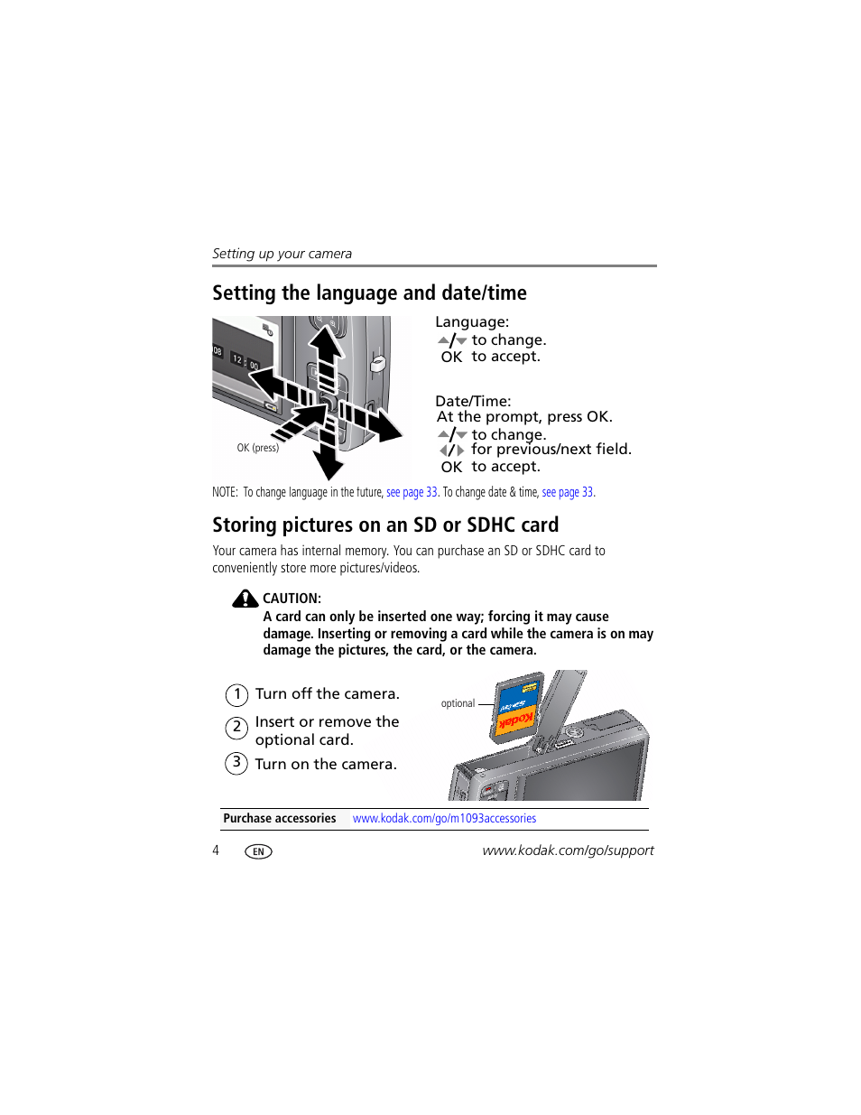 Setting the language and date/time, Storing pictures on an sd or sdhc card | Kodak M1093 IS User Manual | Page 10 / 73