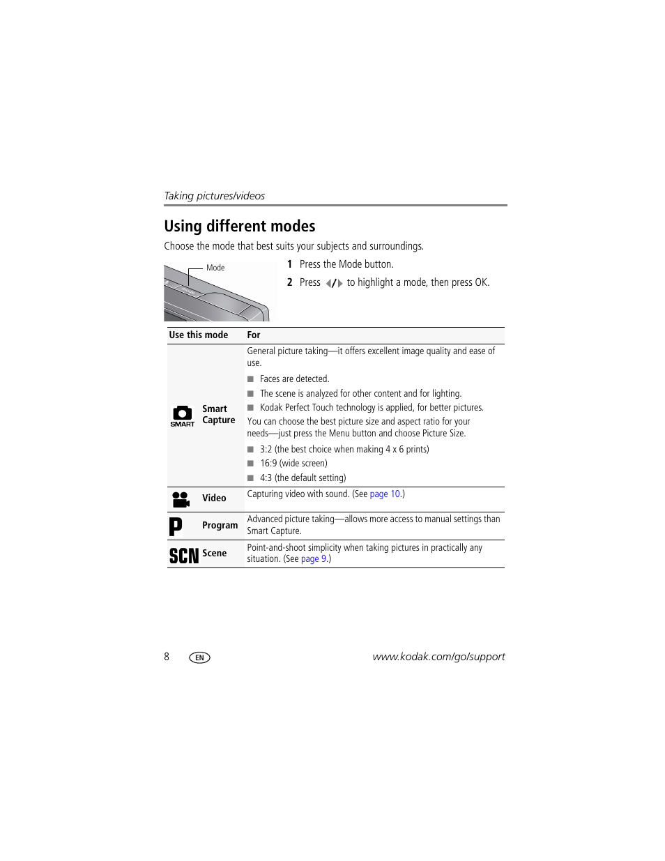 Using different modes | Kodak M1093 IS User Manual | Page 14 / 73