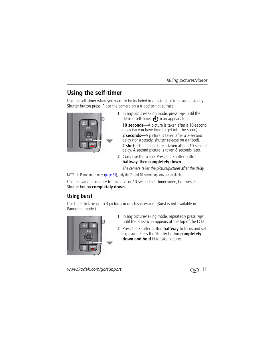 Using the self-timer, Using burst | Kodak M1093 IS User Manual | Page 17 / 73