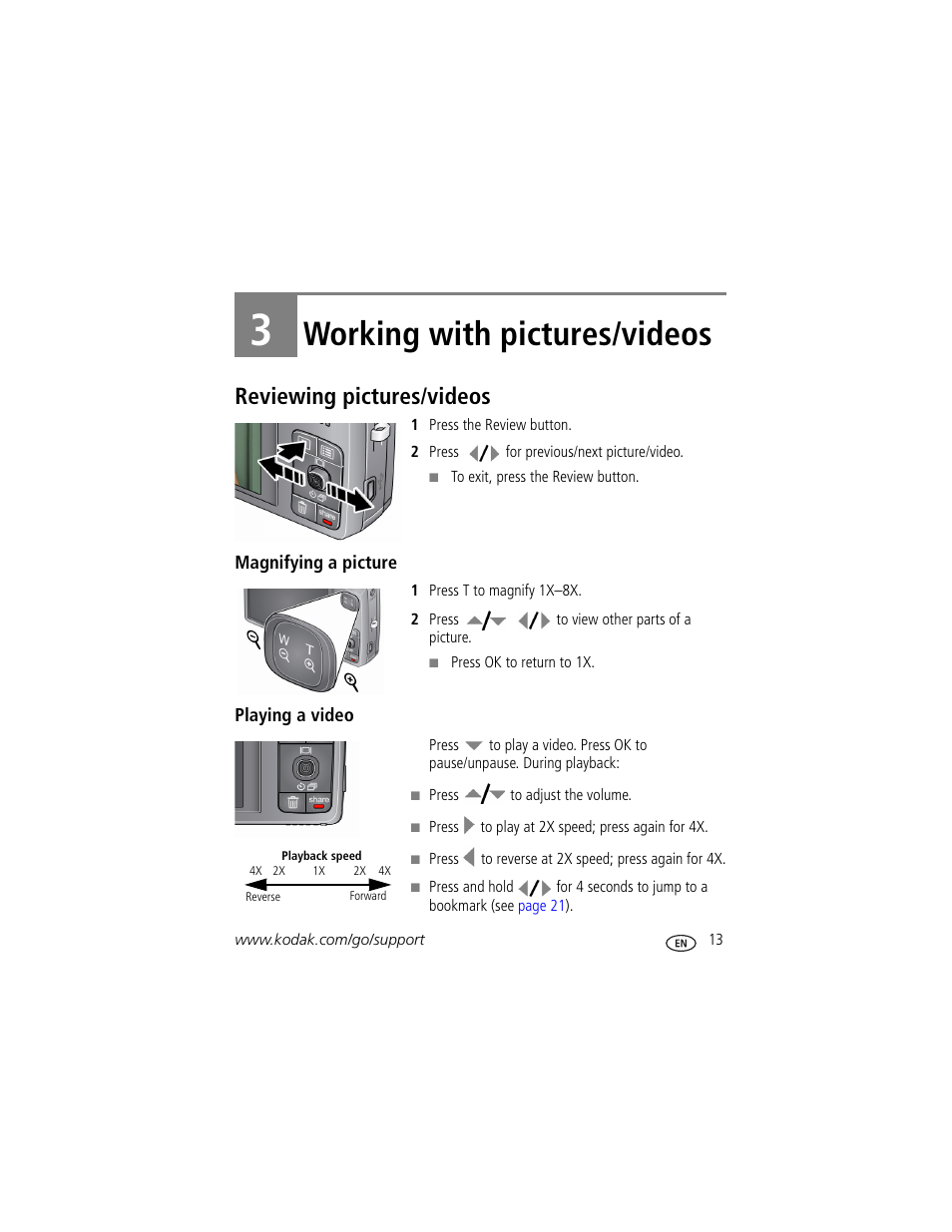 Working with pictures/videos, Reviewing pictures/videos, Magnifying a picture | Playing a video, 3 working with pictures/videos | Kodak M1093 IS User Manual | Page 19 / 73