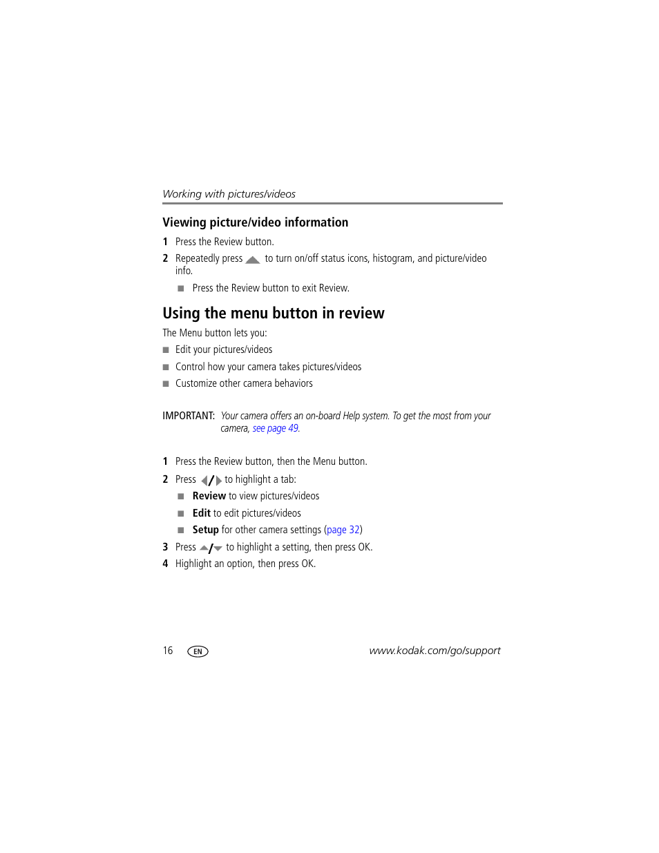 Viewing picture/video information, Using the menu button in review | Kodak M1093 IS User Manual | Page 22 / 73