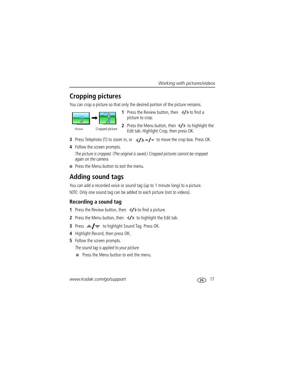 Cropping pictures, Adding sound tags, Recording a sound tag | Cropping pictures adding sound tags | Kodak M1093 IS User Manual | Page 23 / 73