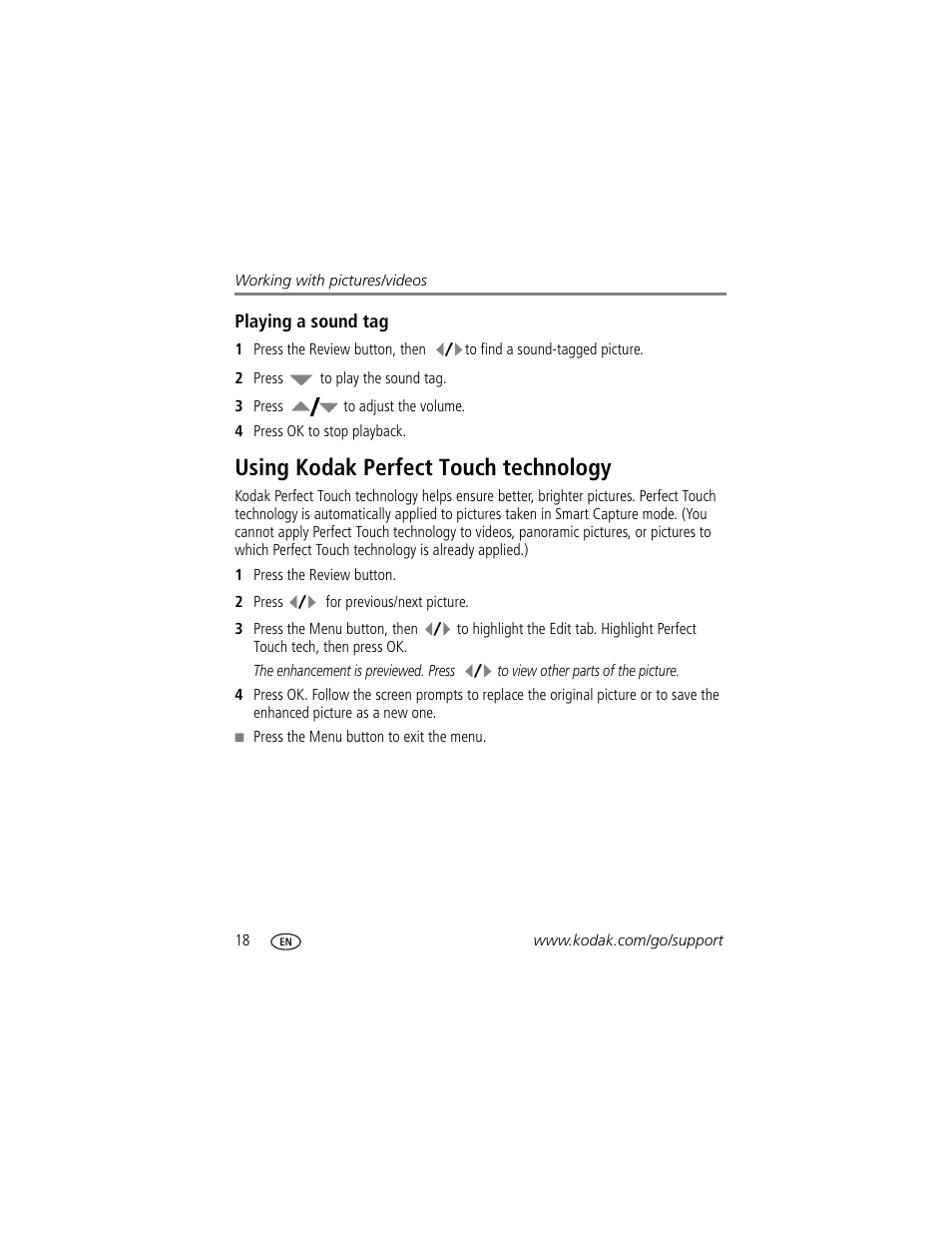 Playing a sound tag, Using kodak perfect touch technology | Kodak M1093 IS User Manual | Page 24 / 73