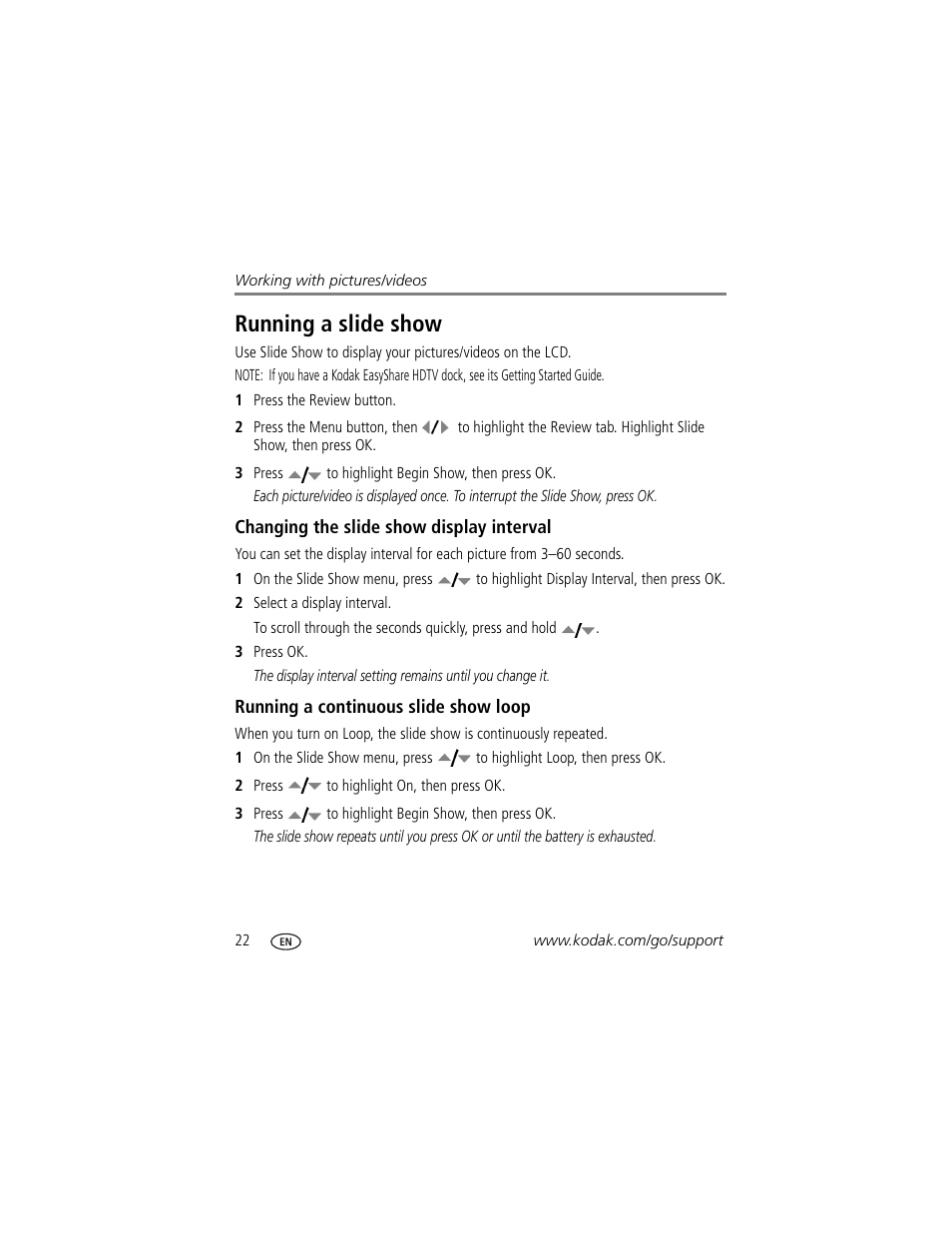 Running a slide show, Changing the slide show display interval, Running a continuous slide show loop | Kodak M1093 IS User Manual | Page 28 / 73