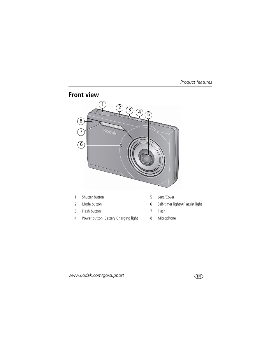 Product features, Front view | Kodak M1093 IS User Manual | Page 3 / 73