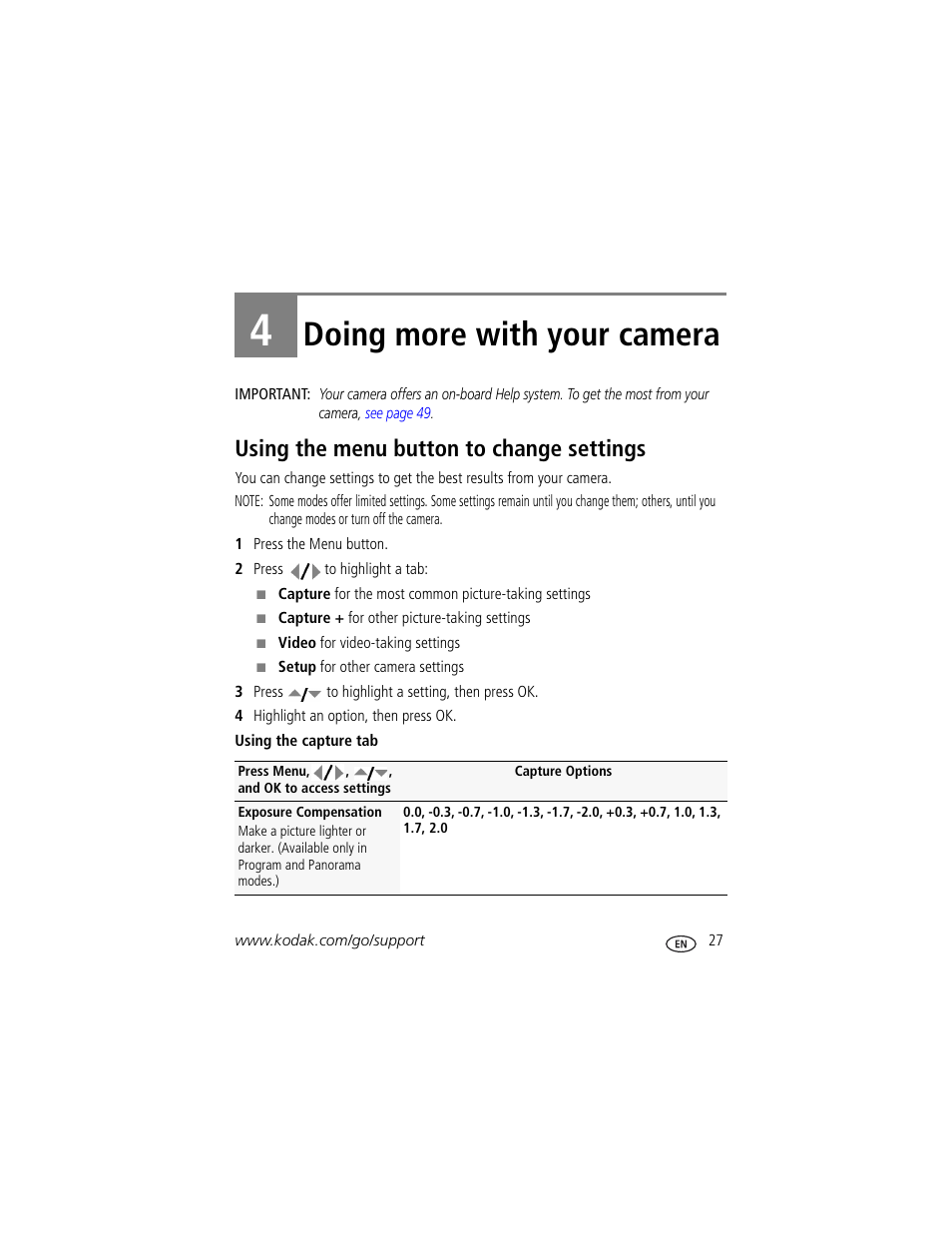 Doing more with your camera, Using the menu button to change settings, 4 doing more with your camera | Kodak M1093 IS User Manual | Page 33 / 73