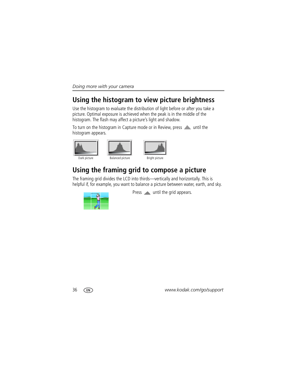 Using the histogram to view picture brightness, Using the framing grid to compose a picture | Kodak M1093 IS User Manual | Page 42 / 73