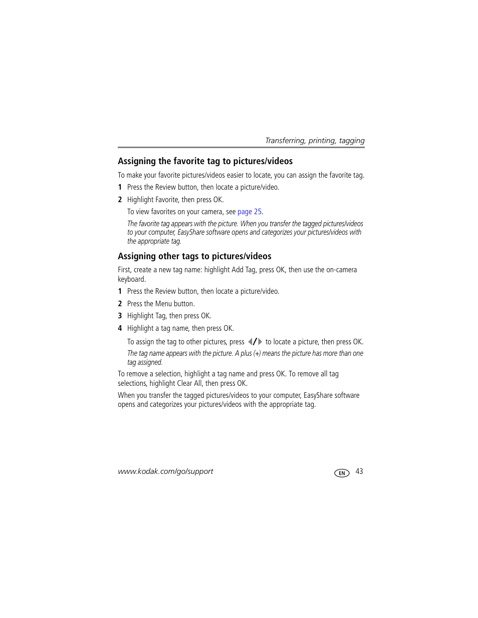 Assigning the favorite tag to pictures/videos, Assigning other tags to pictures/videos | Kodak M1093 IS User Manual | Page 49 / 73