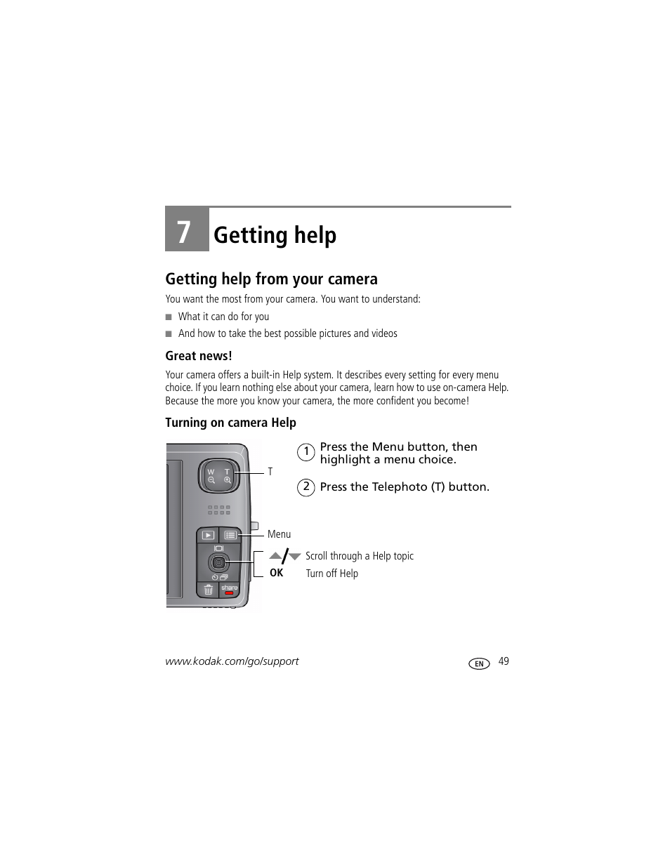 Getting help, Getting help from your camera, Great news | Turning on camera help, 7 getting help | Kodak M1093 IS User Manual | Page 55 / 73