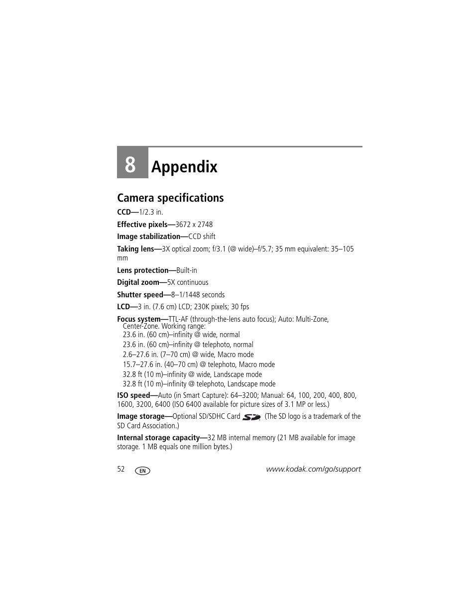 Appendix, Camera specifications, 8 appendix | Kodak M1093 IS User Manual | Page 58 / 73
