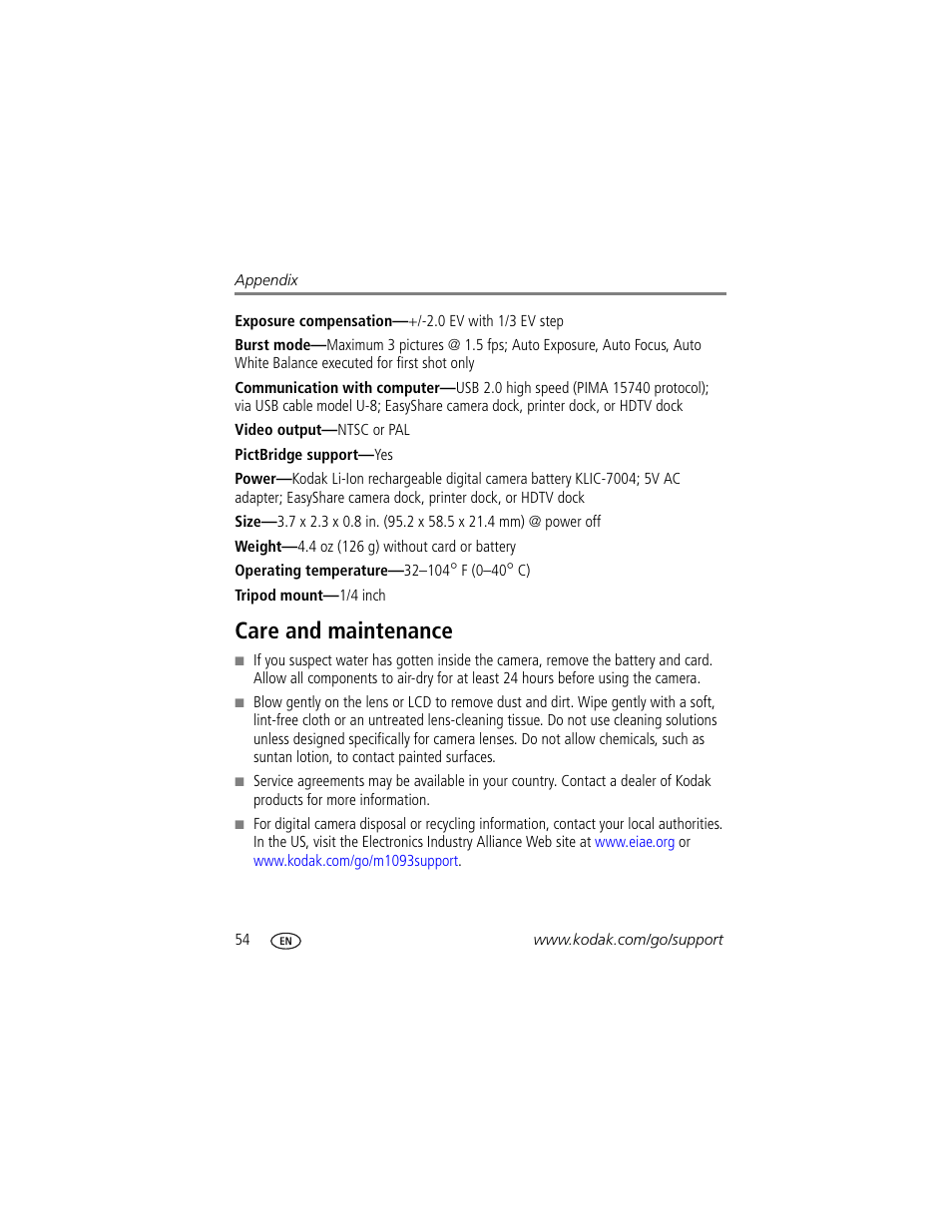 Care and maintenance | Kodak M1093 IS User Manual | Page 60 / 73